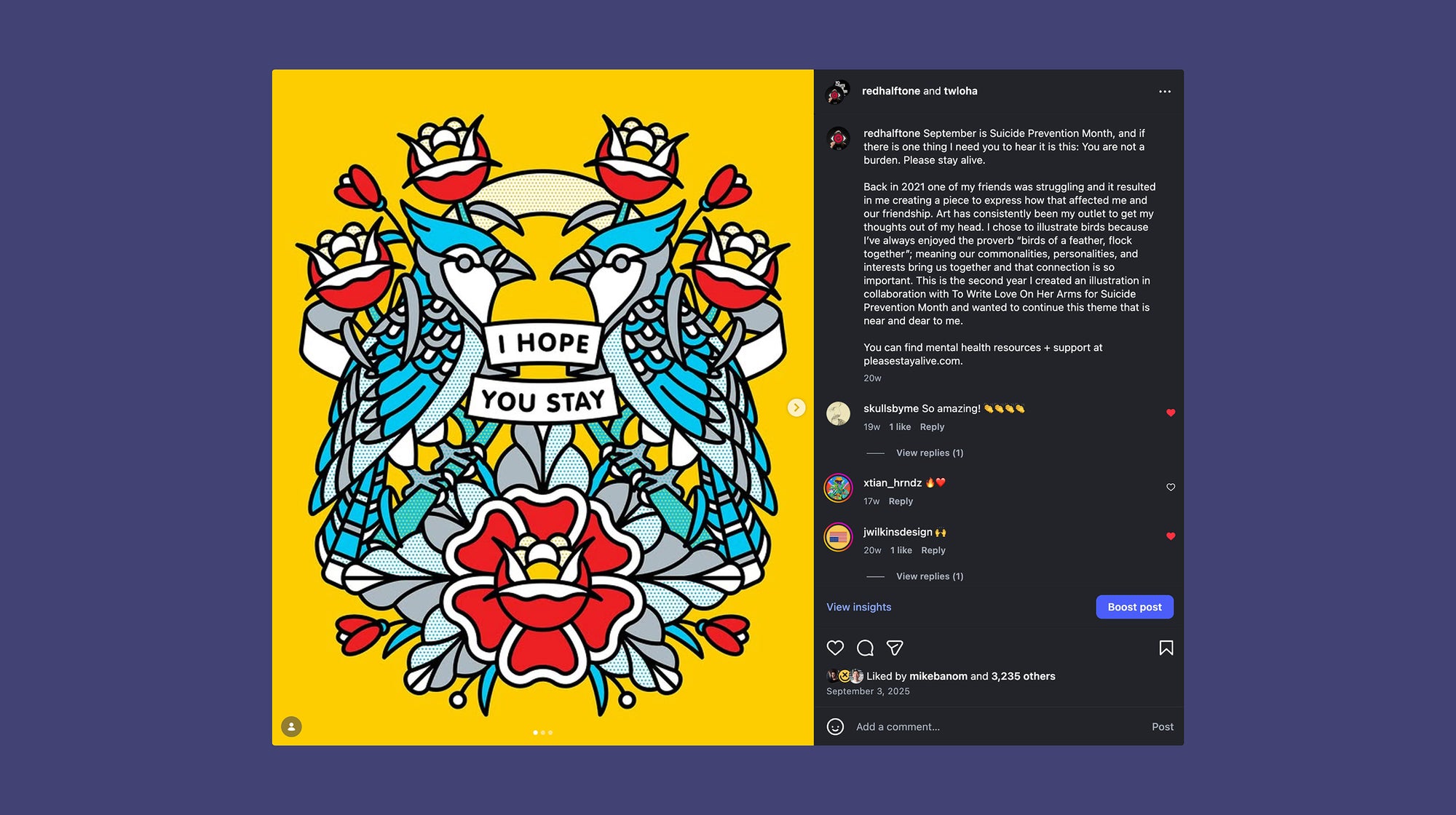 A blue and red illustration by Red Halftone featuring Blue Jays and roses with text"I hope you stay" on a yellow background in the context of an Instagram post.