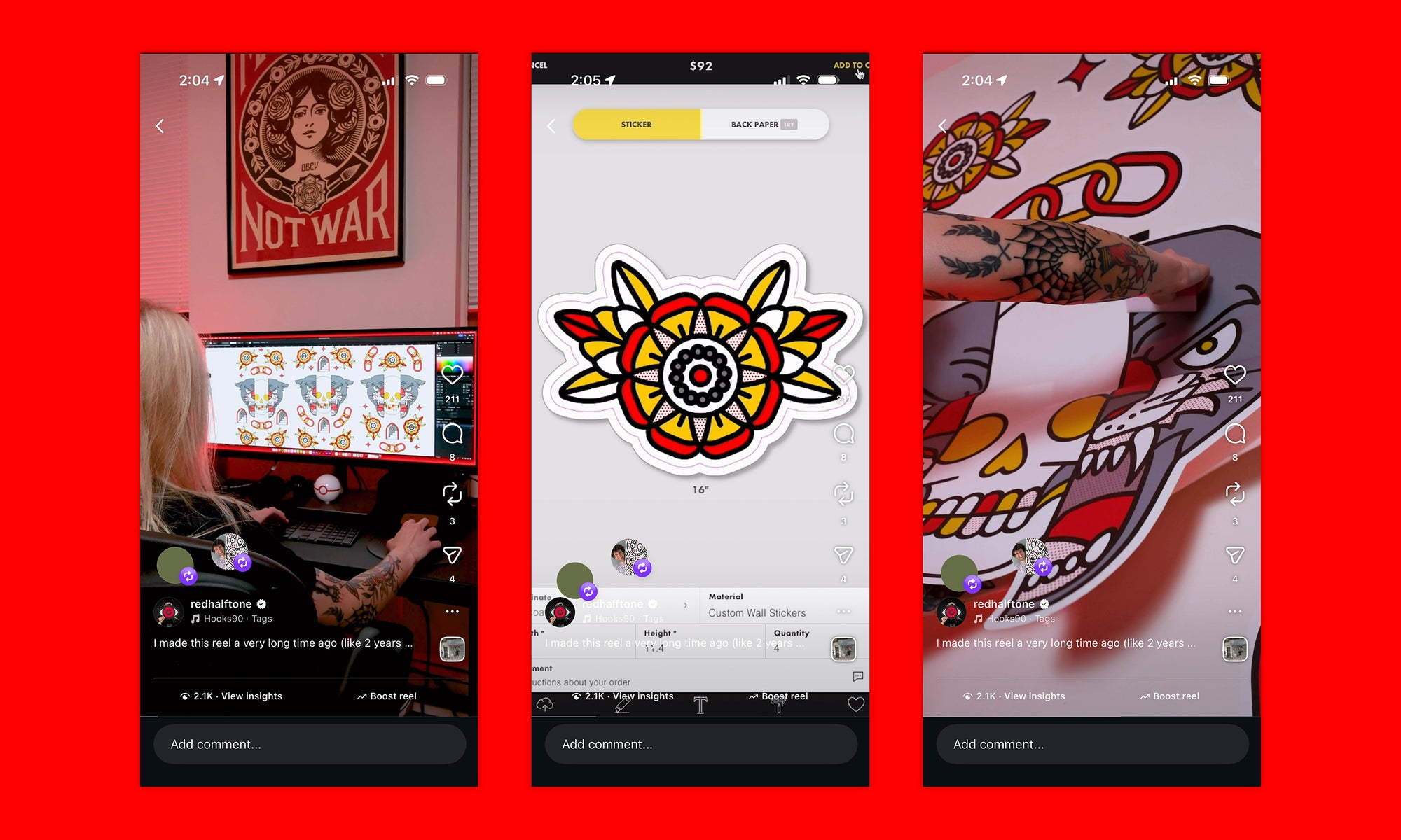 Three smartphone screenshots showing the making of the wall graphics in an Instagram Reel on a red background