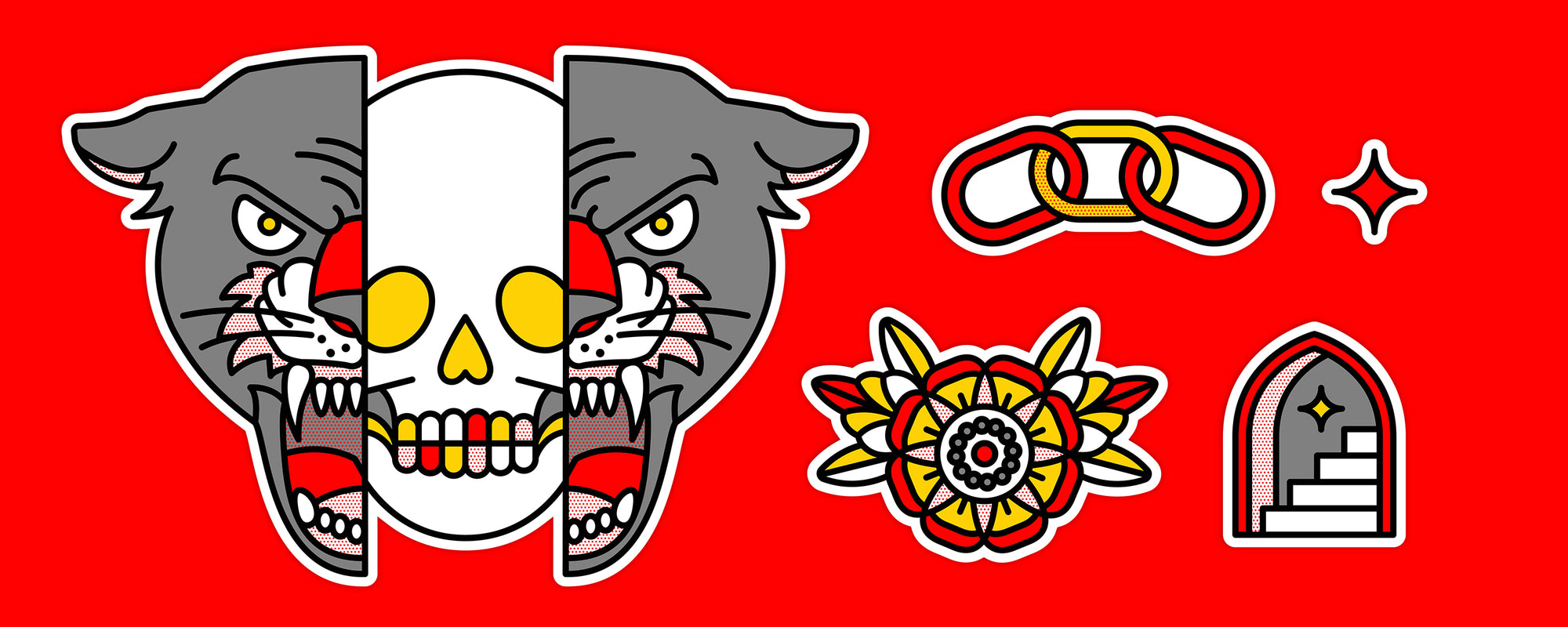 A fierce panther head with skull and colorful design graphics on a red background