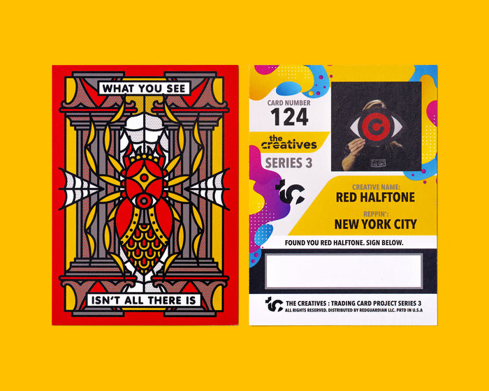 The front and back of a trading card illustrated by Red Halftone featuring a spider and text on one side and information about the artist on the other side on a yellow background