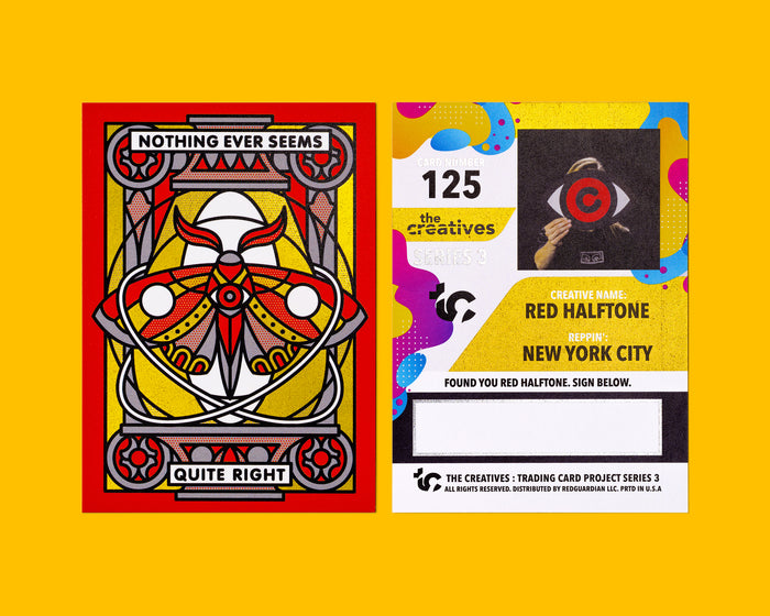 The front and back of a trading card illustrated by Red Halftone featuring a moth and text on one side and information about the artist on the other side on a yellow background