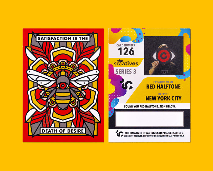 The front and back of a trading card illustrated by Red Halftone featuring a bee and text on one side and information about the artist on the other side on a yellow background