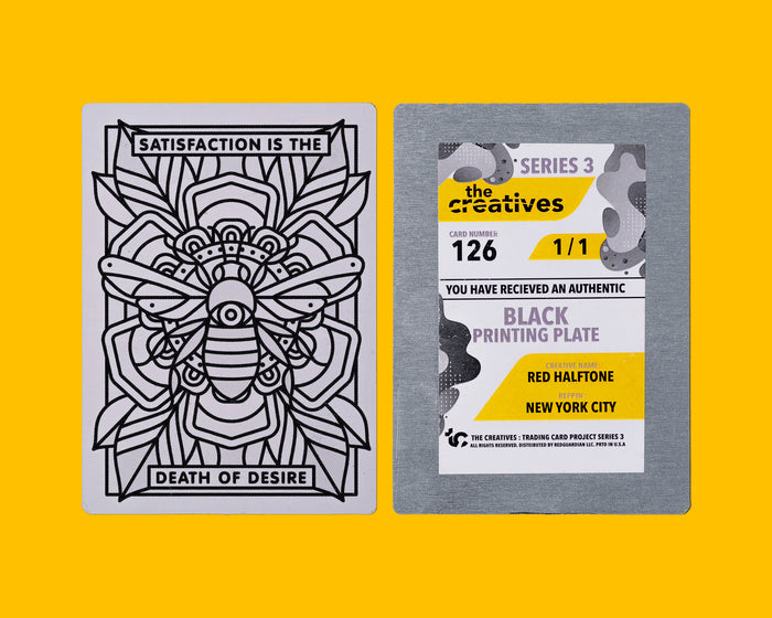 The front and back of a black metal off-set printing plate with an illustration by Red Halftone 