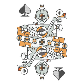 Robotic character with card suit symbols packing boxes on a white background