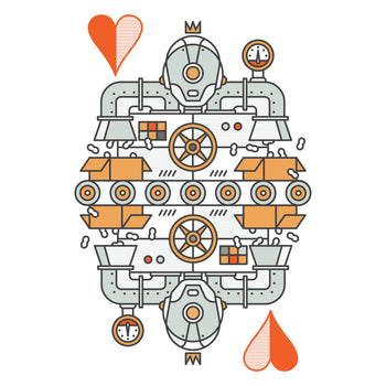 Illustration of a mechanical robotic machine with gears and valves on a white background with heart symbols