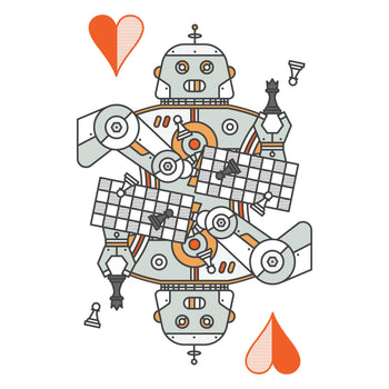 Illustration of a robot with checkered pattern and chess pieces, surrounded by heart symbols.