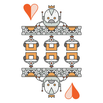 Illustration of a robot moving boxes with a heart symbol on a white background