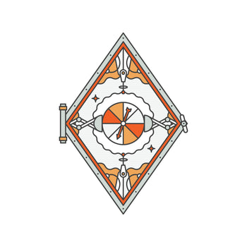 Decorative diamond-shaped emblem with central circular game spinner design on a white background