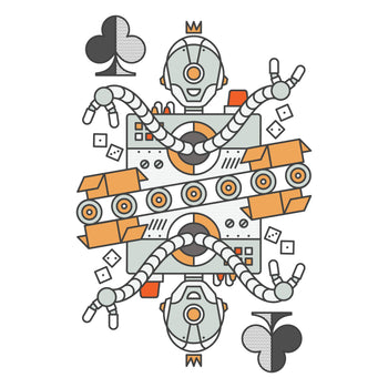 Robotic character packing boxes with clubs card suit symbols on a white background