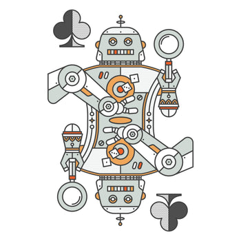 Robotic playing card design with club symbols and dice on a white background