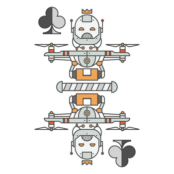 Robot with drone-like features and card suit symbols on a white background