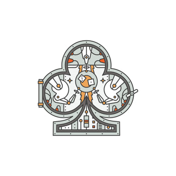 Decorative emblem with mechanical design framed inside a clubs symbol on a white background