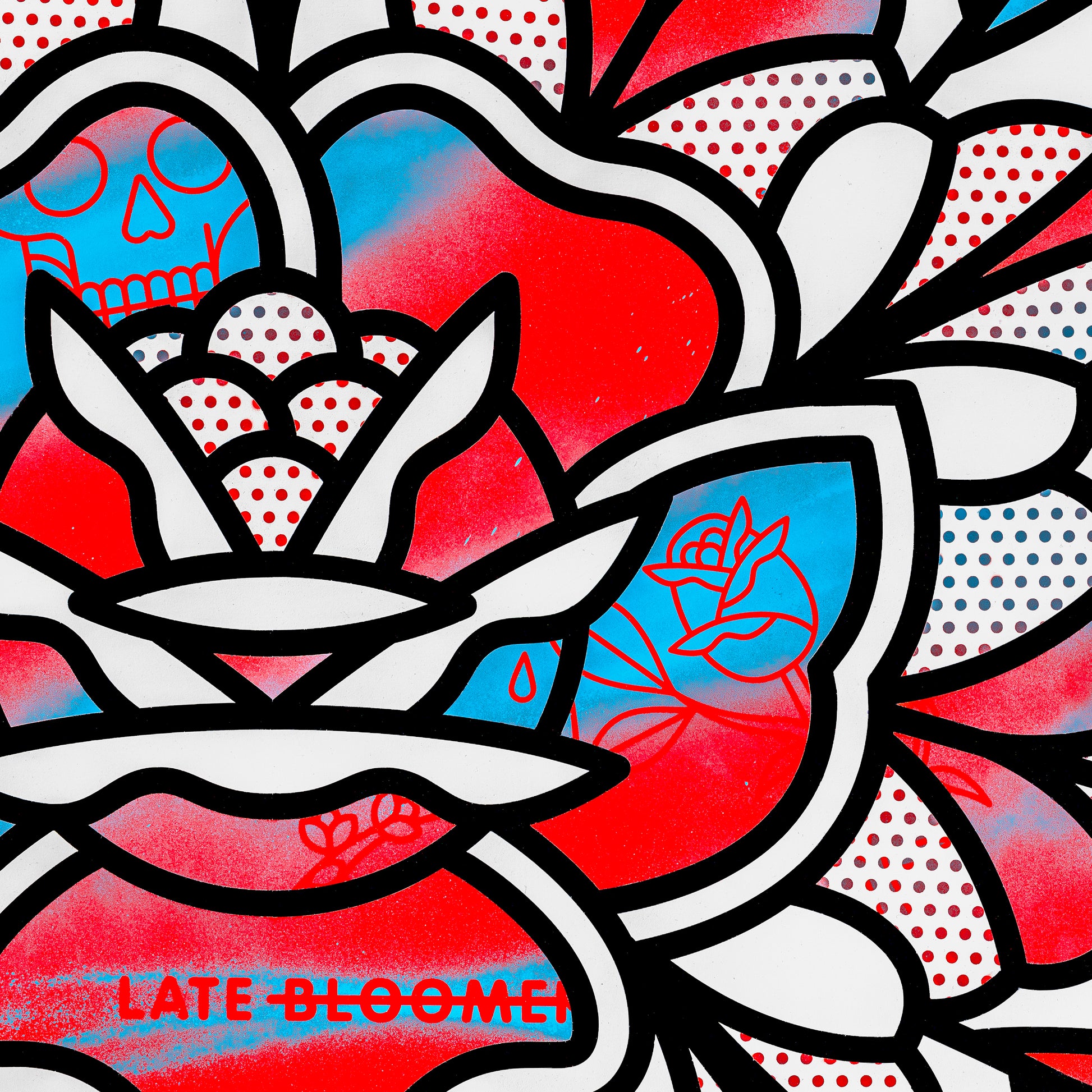 A close up of the painting showing the texture of the line.