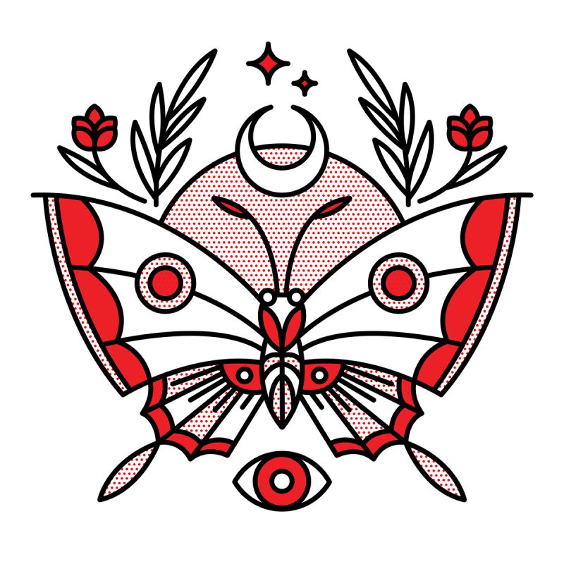 Illustration of a butterfly with its wings spread. A rising sun is behind it and love that is a moon and a star with little springs of foliage. Below it is an opened eye. Drawn in the monoline style of Red Halftone in a red, black and white color palette.