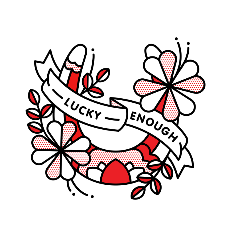 Illustration of an upside down horseshoe surrounded by four leaf clovers and foliage with a banner overlaid that reads: Lucky enough. Drawn in the monoline style of Red Halftone in a red, black and white color palette.
