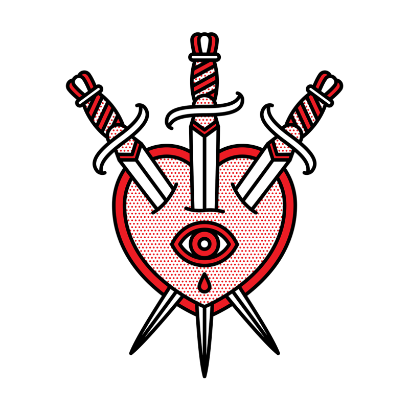 Illustration of a heart with an eye in the center. Three swords pierce the heart. Drawn in the monoline style of Red Halftone in a red, black and white color palette.