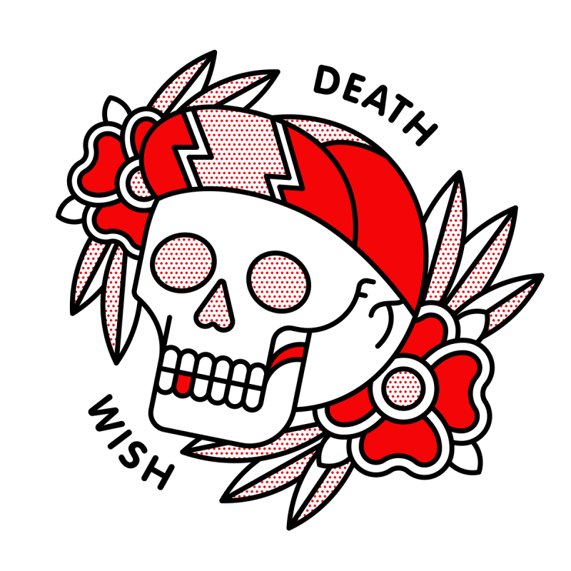 Illustration of a skull facing towards the left wearing a cyclist cap. Two flowers surround it with text that reads: Death wish. Drawn in the monoline style of Red Halftone in a red, black and white color palette.