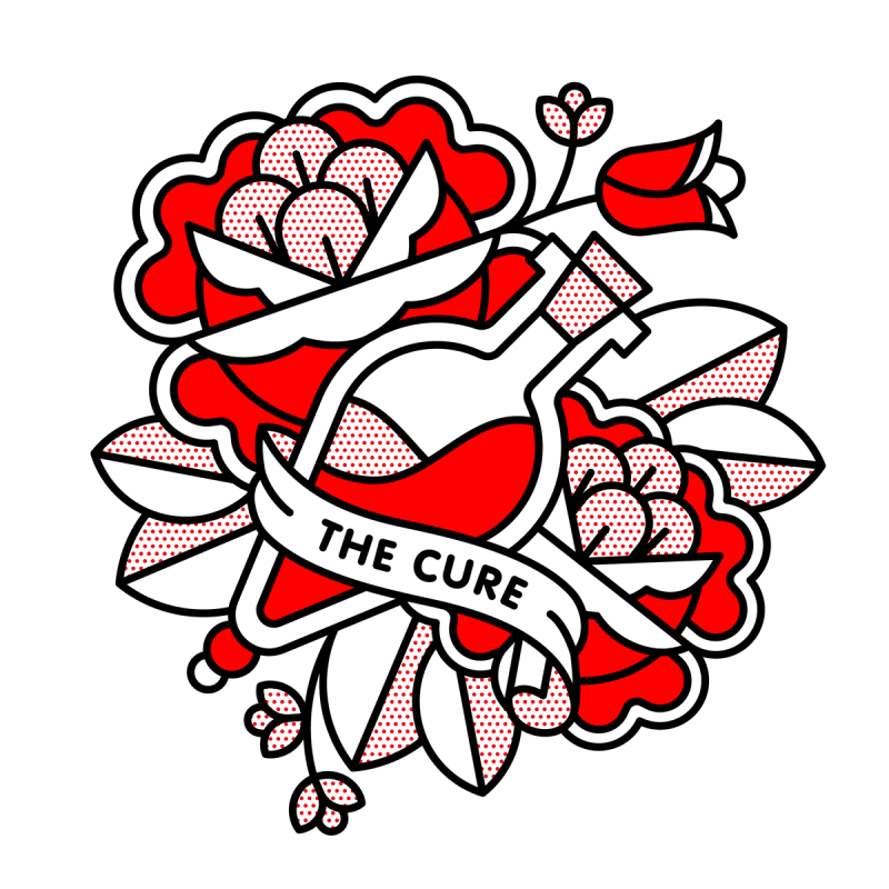 Illustration of a corked vile filled with a potion surrounded by two flowers and foliage. A banner wraps around the vile that reads: The cure. Drawn in the monoline style of Red Halftone in a red, black and white color palette.