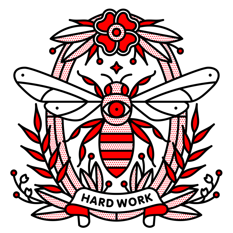 Illustration of a bee framed in an oblong frame with flowers and foliage. A banner below reads: Hard work. Drawn in the monoline style of Red Halftone in a red, black and white color palette.
