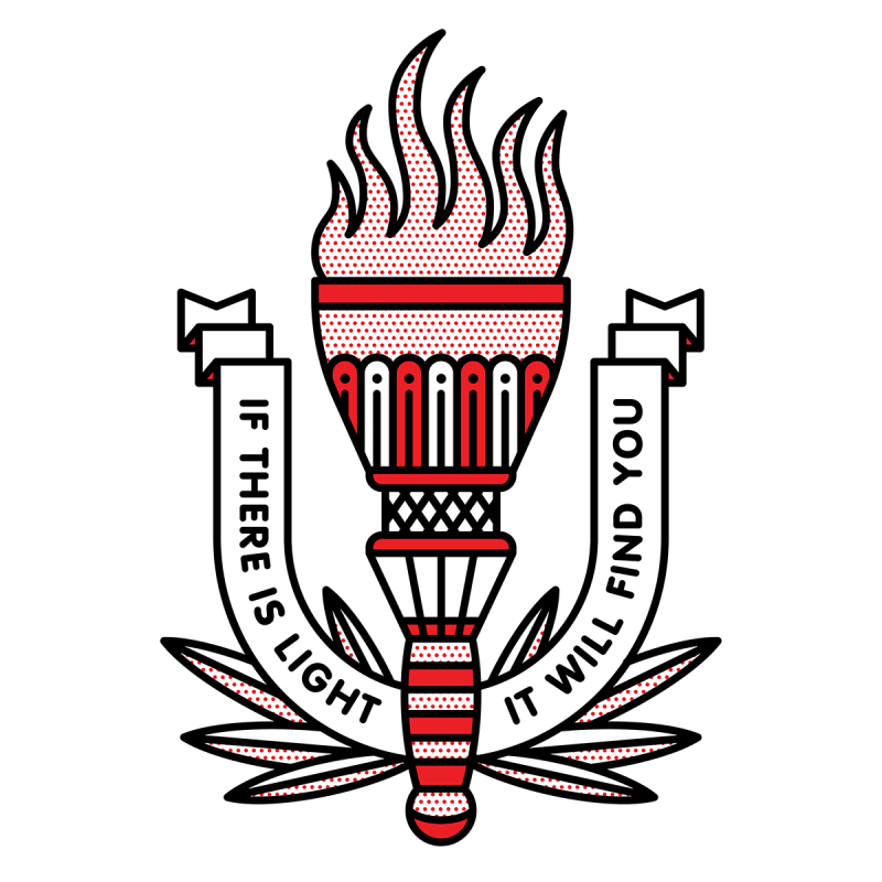 Illustration of a lit torch. A banner arches around it from be with foliage that reads: If there is light it will find you. Drawn in the monoline style of Red Halftone in a red, black and white color palette.