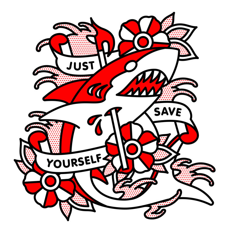 Illustration of a shark with a harpoon through it surrounded by waves of water and small flowers. Banners peek out from the waves that read: Just save yourself. Drawn in the monoline style of Red Halftone in a red, black and white color palette.