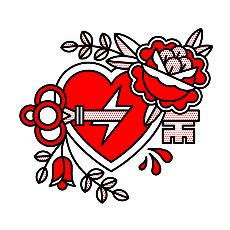Illustration of a heart with a skeleton key piercing it. Two roses and foliage surround it. Drawn in the monoline style of Red Halftone in a red, black and white color palette.