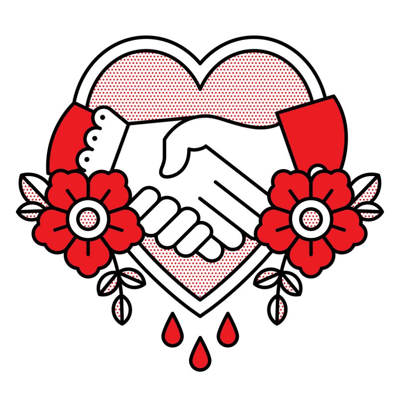 Illustration of Two hands shaking overlaid over a heart shape with flowers. Three drops of blood fall below the hands. Drawn in the monoline style of Red Halftone in a red, black and white color palette.