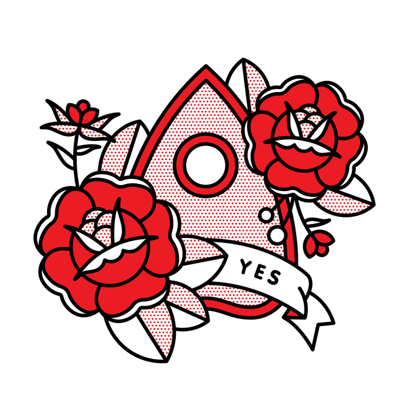 Illustration of a planchette surrounded by two roses with a banner that reads: Yes. Drawn in the monoline style of Red Halftone in a red, black and white color palette.