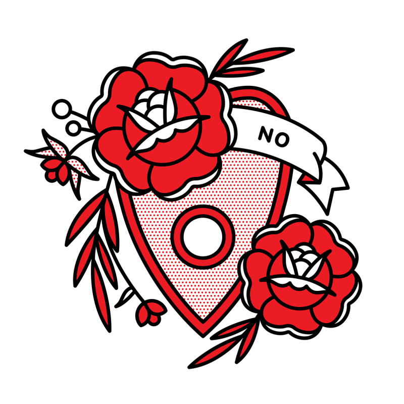 Illustration of an upside down planchette surrounded by two roses and a banner that reads: No. Drawn in the monoline style of Red Halftone in a red, black and white color palette.