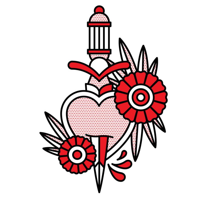 Illustration of a dagger through a heart with two flowers overlaid on the heart. Drawn in the monoline style of Red Halftone in a red, black and white color palette.