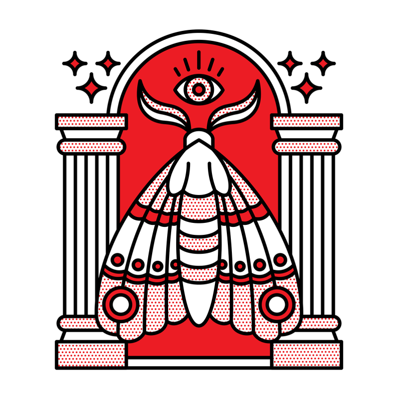 Illustration of a moth with its wings closed overlaid on an arch bookended by two columns. Stars are above the columns. A eye is centered above the moth. Drawn in the monoline style of Red Halftone in a red, black and white color palette.