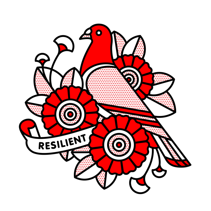 Illustration of a pigeon perched on a banner that reads: Resilient. Flowers and foliage surround it. Drawn in the monoline style of Red Halftone in a red, black and white color palette.