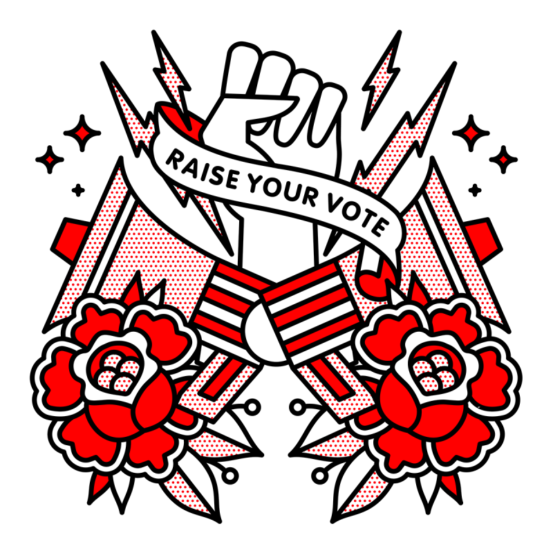Illustration of two megaphones facing it opposing directions. A raised fist with lighting bolts shoots out from behind them with a banner overlaid that reads: Raise your vote. Drawn in the monoline style of Red Halftone in a red, black and white color palette.
