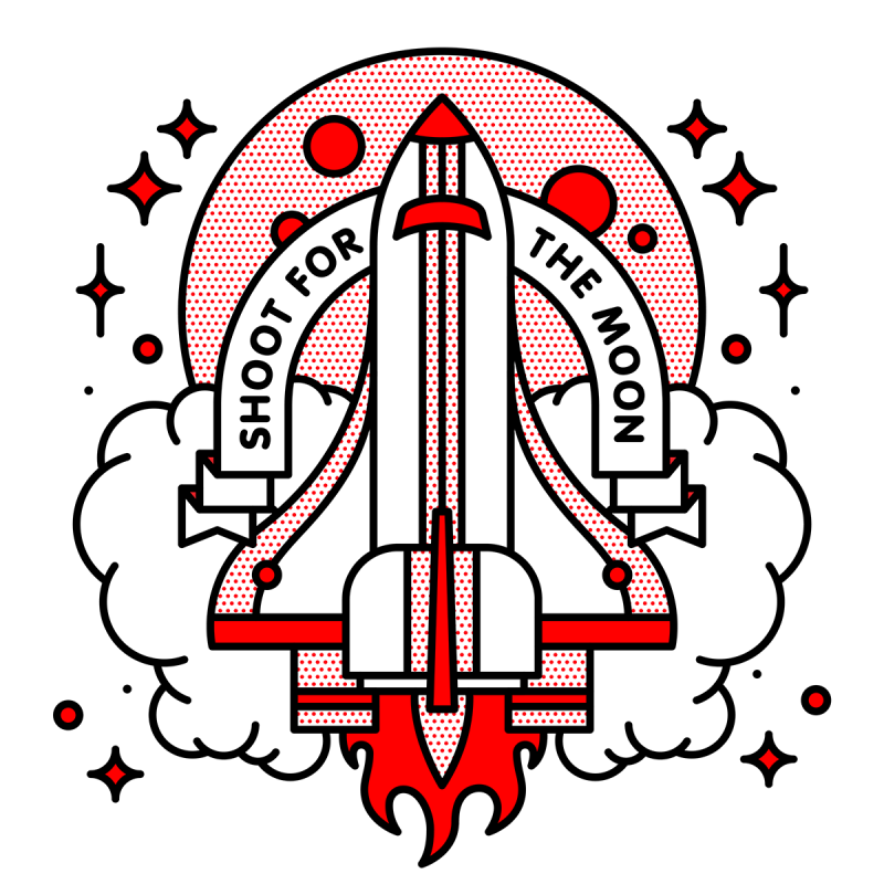 Illustration of a space ship rocket with flames coming out from behind it as it ascends to space. The moon nd clouds are behind it. A banner reads: Shoot for the moon. Drawn in the monoline style of Red Halftone in a red, black and white color palette.