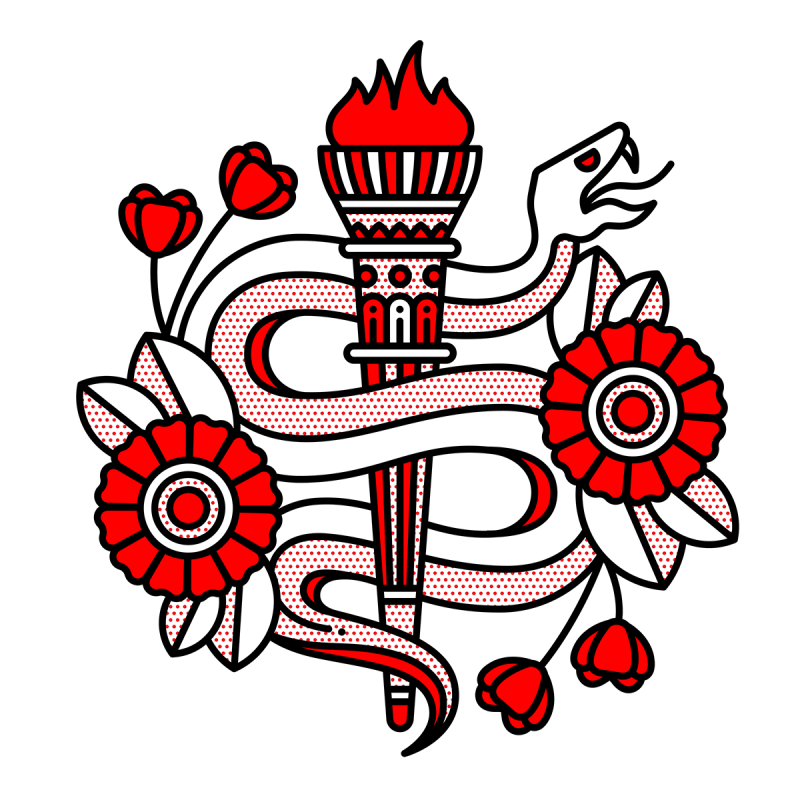 Illustration of a snake wrapping around a lit torch with two flowers overlaid on the snake. Drawn in the monoline style of Red Halftone in a red, black and white color palette.