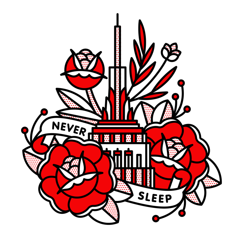 Illustration of the Empire Sate Building surrounded by roses and foliage with a banner that reads: Never sleep. Drawn in the monoline style of Red Halftone in a red, black and white color palette.