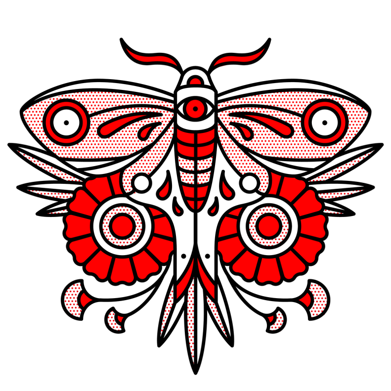 Illustration of an ornate moth with its wings spread. Two flowers are below it. Drawn in the monoline style of Red Halftone in a red, black and white color palette.