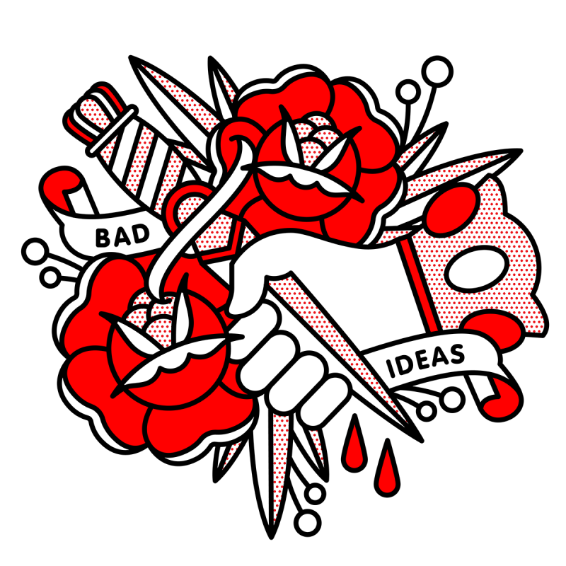 Illustration of a hand grasping a dagger with two drops of blood falling. Roses and banners surround it that read: Bad ideas. Drawn in the monoline style of Red Halftone in a red, black and white color palette.