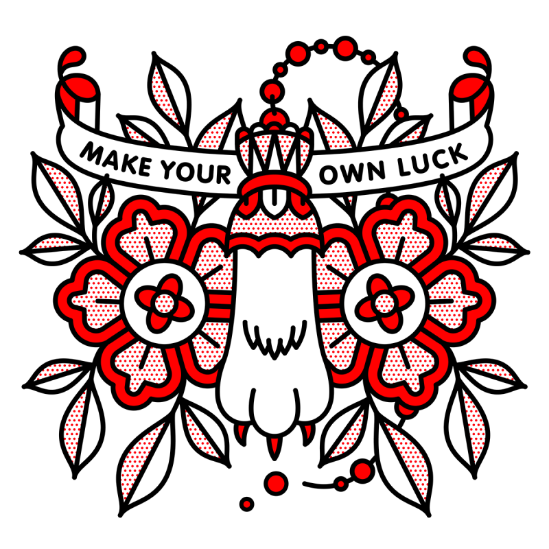 Illustration of a a lucky rabbit’s foot surrounded by two flowers. A banner towards the top of the illustration reads: Make your own luck. Drawn in the monoline style of Red Halftone in a red, black and white color palette.