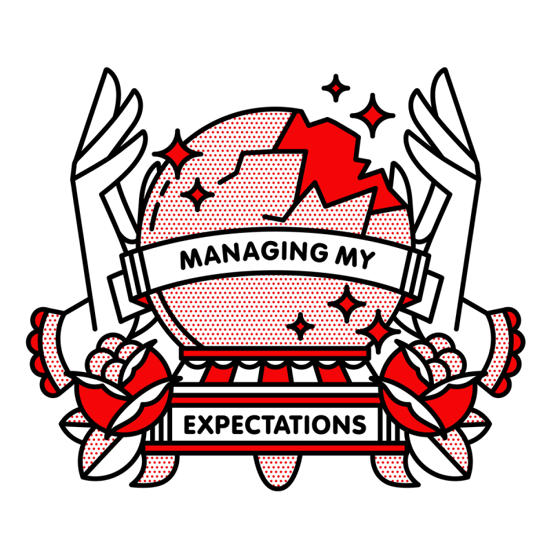 Illustration of a broken crystal ball with hand and stars surrounding it. Banners overlaid read: Managing my expectations. Drawn in the monoline style of Red Halftone in a red, black and white color palette.