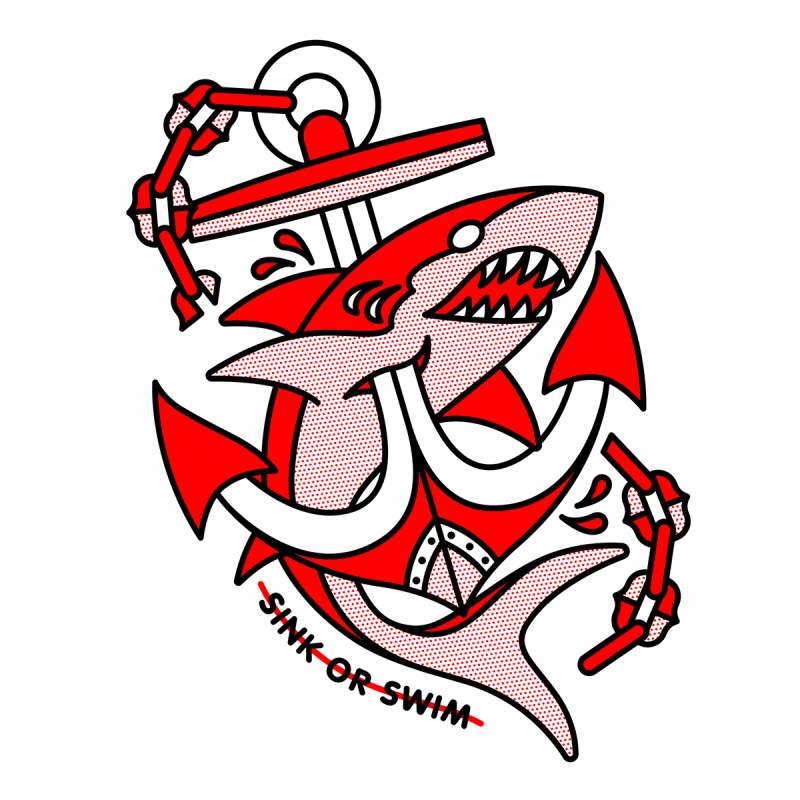 Illustration of a a shark with an anchor on a chain piercing through it. Text below it reads: Sink or swim. Drawn in the monoline style of Red Halftone in a red, black and white color palette.