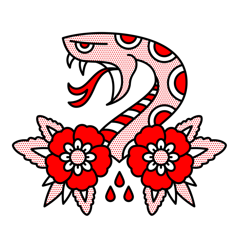 Illustration of a side profile of a hissing serpent with two flowers below. Drawn in the monoline style of Red Halftone in a red, black and white color palette.