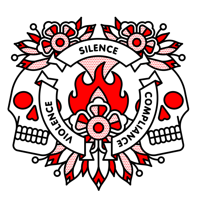 Illustration of two skulls facing away from each other with banners overlaid in a circular arrangement creating a cycle that read: Silence, Compliance, Violence. Drawn in the monoline style of Red Halftone in a red, black and white color palette.