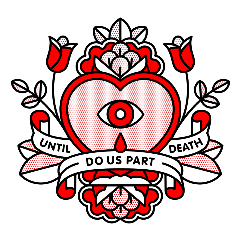 Illustration of a heart with a crying eye in the center surrounded by floral. Banners overlaid read: Until death do us part. Drawn in the monoline style of Red Halftone in a red, black and white color palette.
