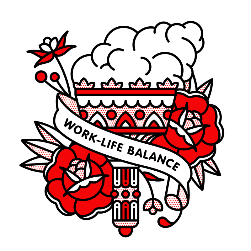 Illustration of an extinguished, smoking torch surrounded by roses and a banner overlaid that reads: Work-life balance. Drawn in the monoline style of Red Halftone in a red, black and white color palette.