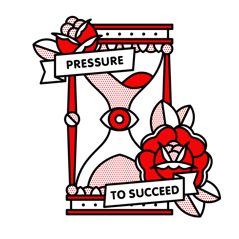 Illustration of an hourglass with two roses with banners that read: Pressure to succeed. Drawn in the monoline style of Red Halftone in a red, black and white color palette.