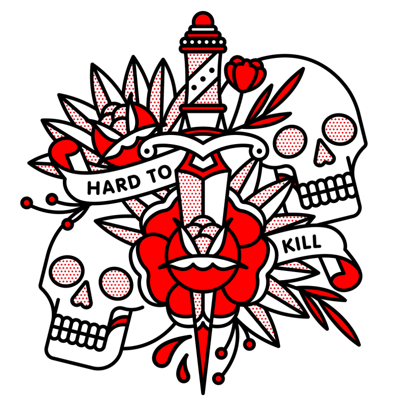 Illustration of a dagger through a rose with floral and two skulls surrounding. Two banner read: Hard to kill. Drawn in the monoline style of Red Halftone in a red, black and white color palette.