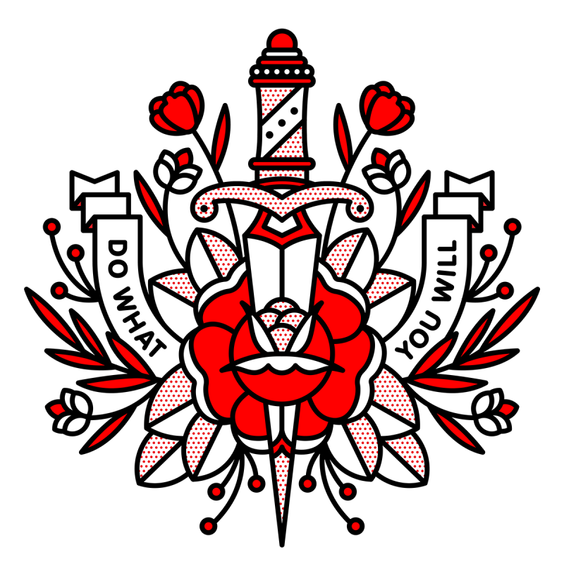 Illustration of a dagger through a rose with leaves and floral spurring out in all directions. An arched banner reads: Do what you will. Drawn in the monoline style of Red Halftone in a red, black and white color palette.