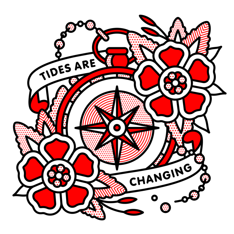 Illustration of a compass with a broken chain surrounded by flowers and banners that read: Tides are changing. Drawn in the monoline style of Red Halftone in a red, black and white color palette.