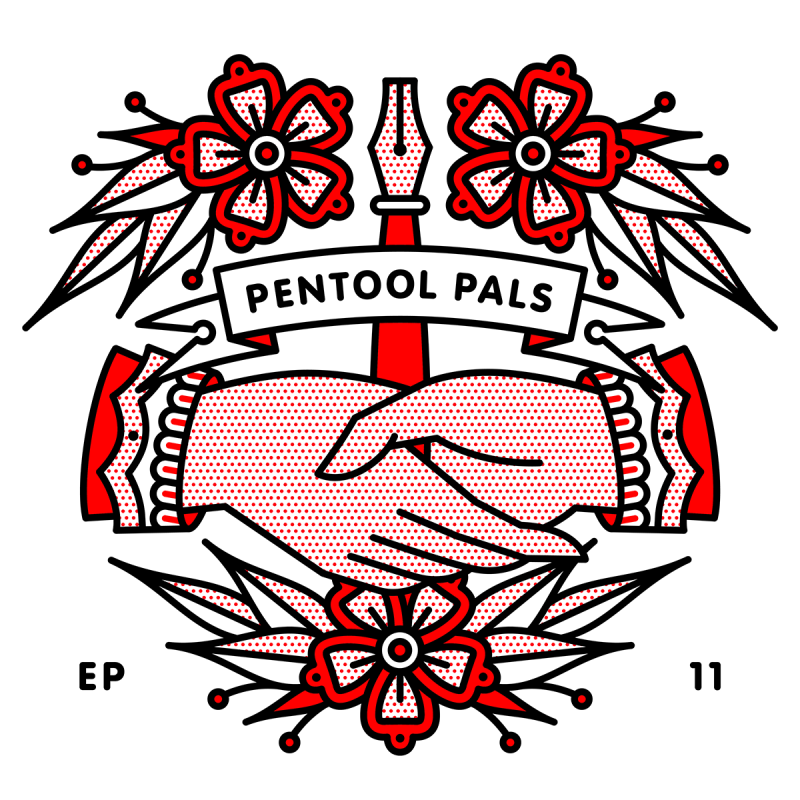 Illustration of a handshake with a fountain pen behind the hands. Surrounding the hands are flowers and a banner that reads: Pentool Pals EP 11. Drawn in the monoline style of Red Halftone in a red, black and white color palette.
